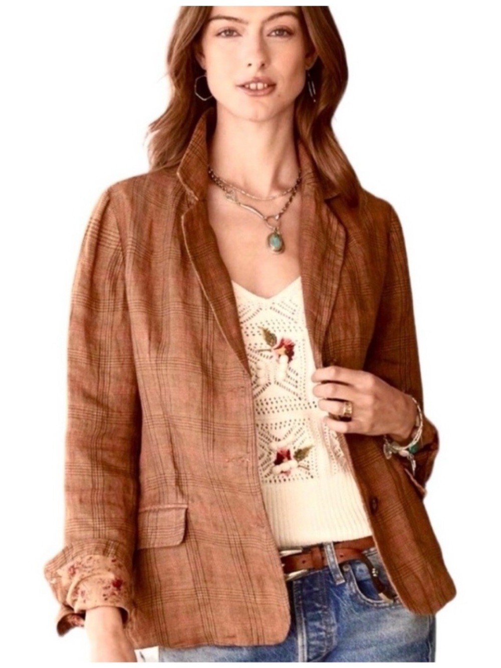 NWOT Sundance Edson Hill Rust Plaid Linen Blazer Petite Small